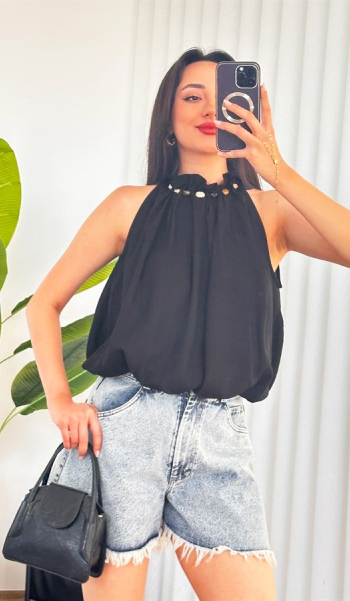 Yakası Boncuklu Balon Model Toptan Siyah Bluz Sarı