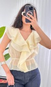 Fırfırlı Beli Lastikli Toptan Sarı Bluz Sarı
