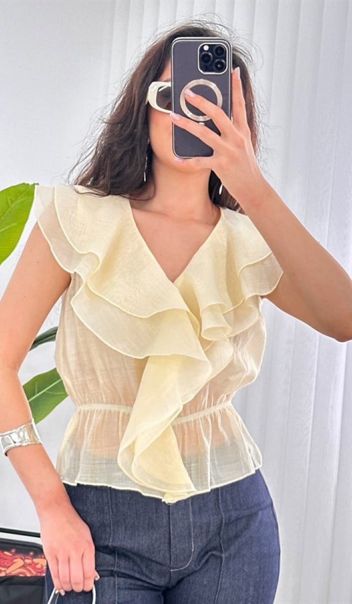 Fırfırlı Beli Lastikli Toptan Sarı Bluz Sarı
