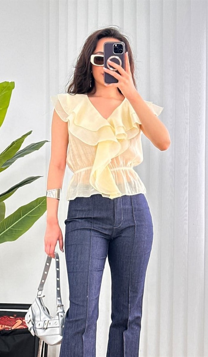 Fırfırlı Beli Lastikli Toptan Sarı Bluz Sarı
