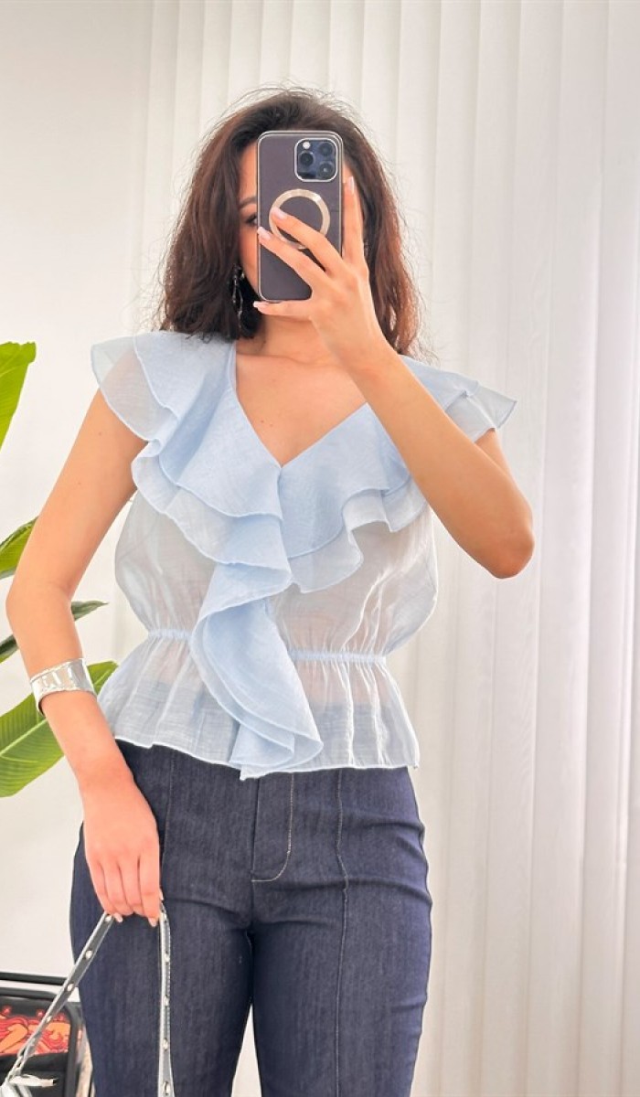 Fırfırlı Beli Lastikli Toptan Bebe Mavisi Bluz Bebe Mavi