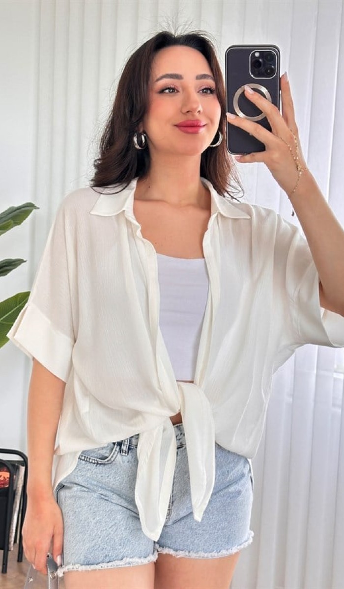 Kısa Kol Basic Kimono Toptan Ekru Bluz Ekru
