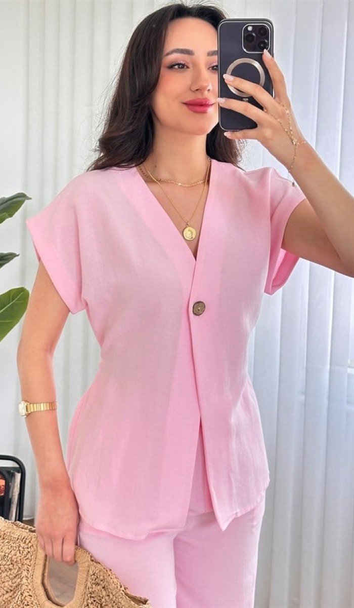 Tek Düğme Beli Bağlamalı Keten Toptan Pembe İkili Takım Pembe