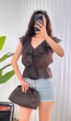 Fırfırlı Beli Lastikli Toptan Kahve Bluz Kahverengi