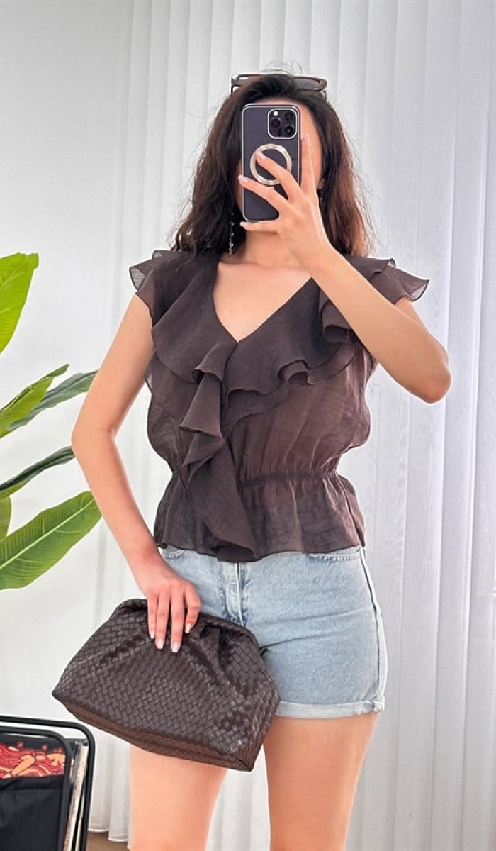 Fırfırlı Beli Lastikli Toptan Kahve Bluz Kahverengi