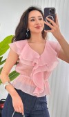 Fırfırlı Beli Lastikli Toptan Pembe Bluz Pembe