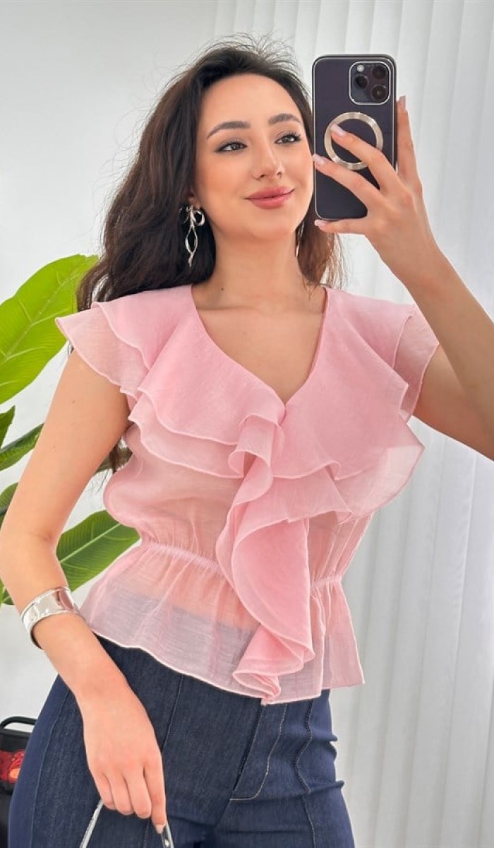 Fırfırlı Beli Lastikli Toptan Pembe Bluz Pembe