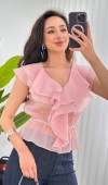 Fırfırlı Beli Lastikli Toptan Pembe Bluz Pembe