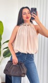 Yakası Boncuklu Balon Model Toptan Bej Bluz Bej