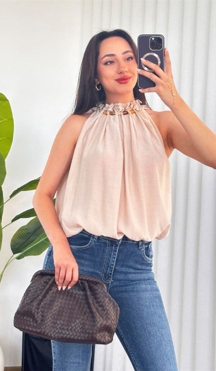 Yakası Boncuklu Balon Model Toptan Bej Bluz Bej
