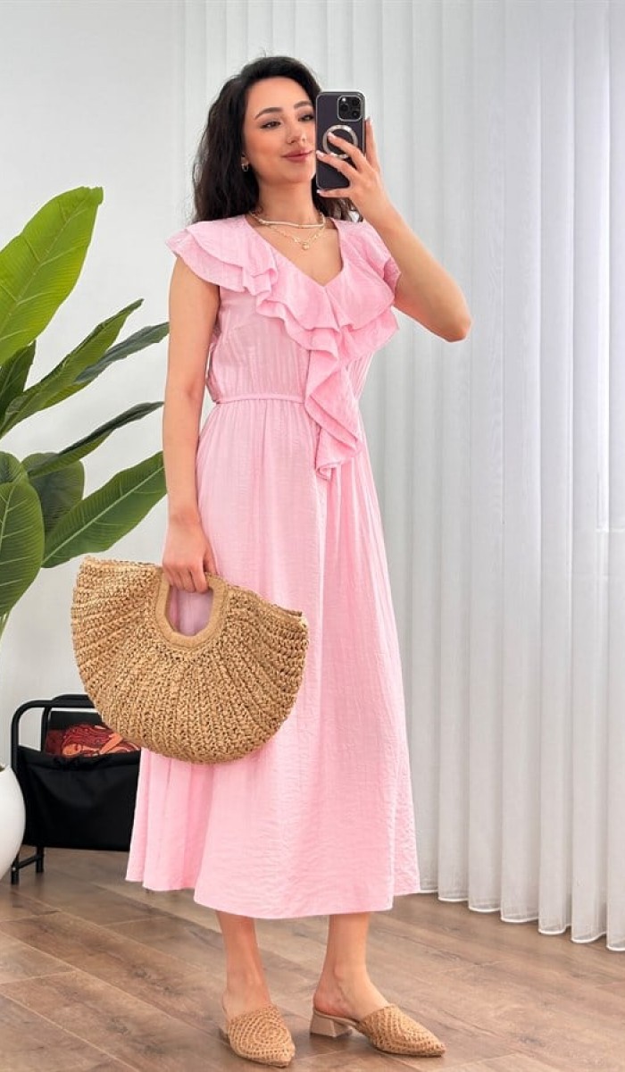 Yaka Fırfırlı Toptan Pembe Uzun Elbise Pembe Yaka Fırfırlı Toptan Pembe Uzun Elbise Pembe