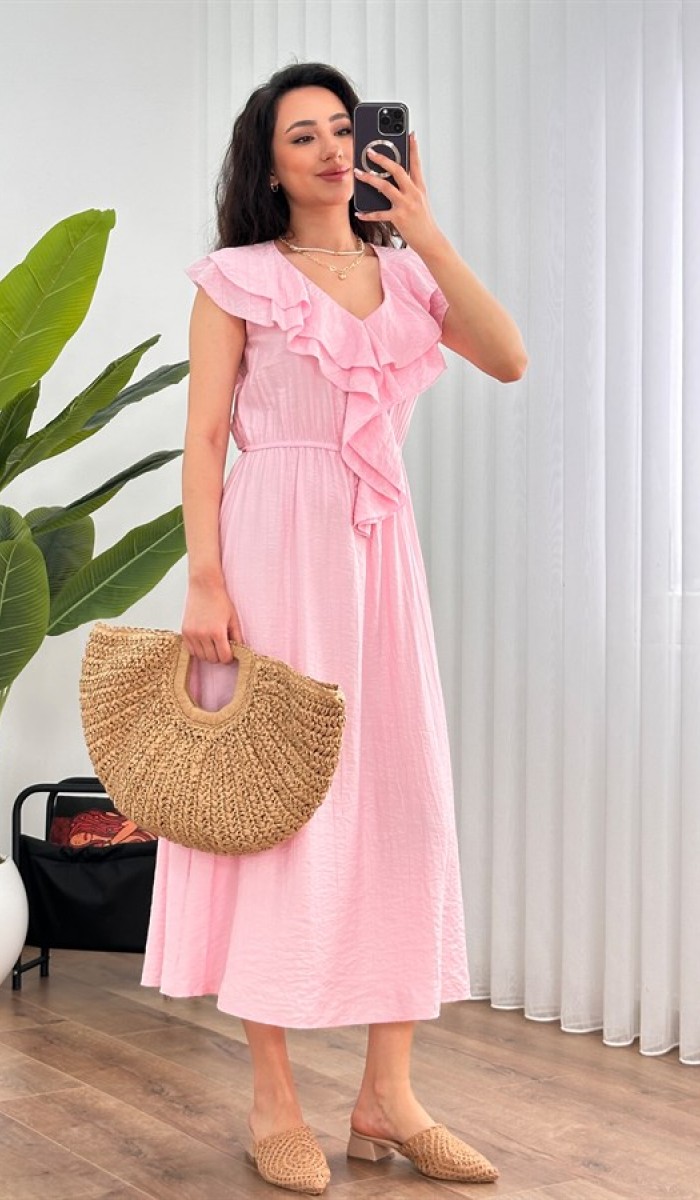 Yaka Fırfırlı Toptan Pembe Uzun Elbise Pembe