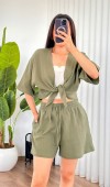 Müslin Önden Bağlamalı Kısa Model Toptan Haki Kimono Haki