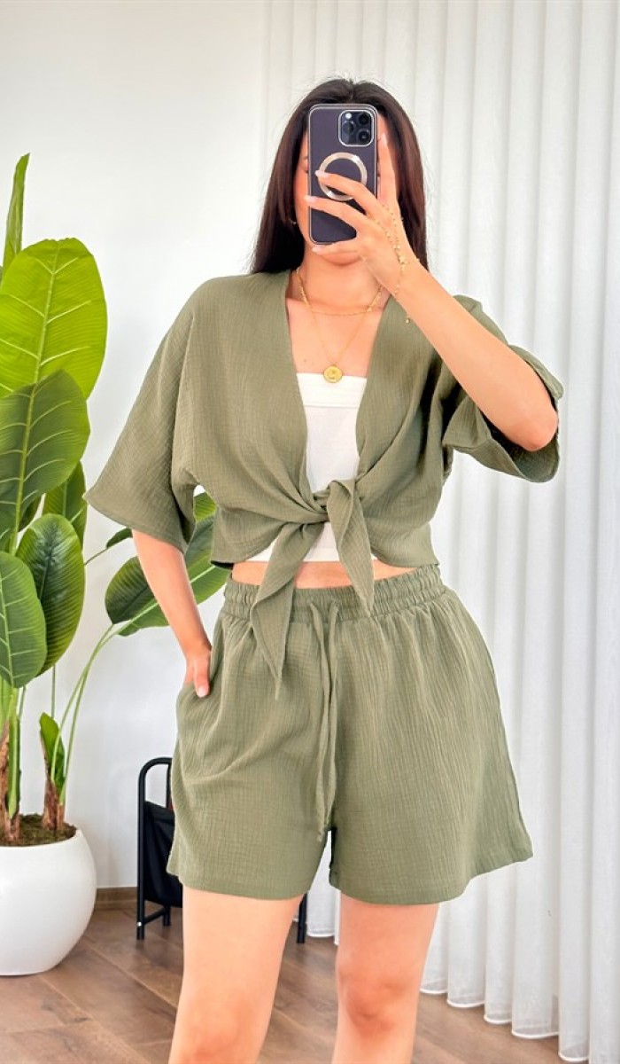 Müslin Önden Bağlamalı Kısa Model Toptan Haki Kimono Haki
