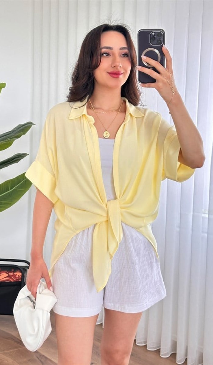 Kısa Kol Basic Kimono Toptan Sarı Bluz Sarı