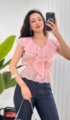 Fırfırlı Beli Lastikli Toptan Pembe Bluz Pembe