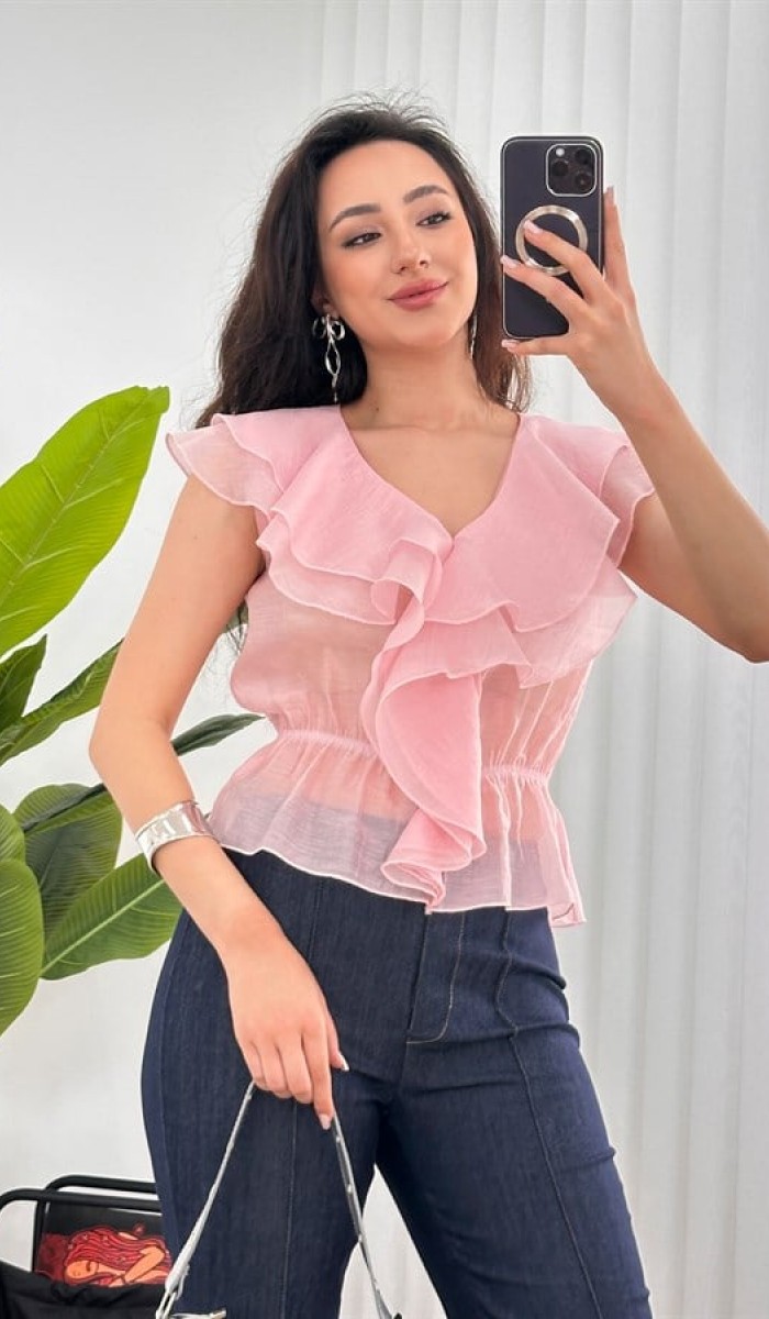Fırfırlı Beli Lastikli Toptan Pembe Bluz Pembe Fırfırlı Beli Lastikli Toptan Pembe Bluz Pembe