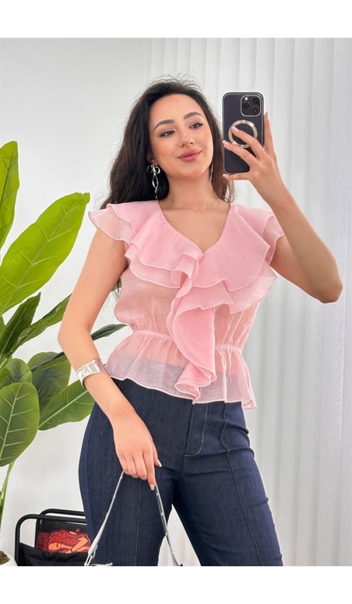 Fırfırlı Beli Lastikli Toptan Pembe Bluz Pembe Fırfırlı Beli Lastikli Toptan Pembe Bluz Pembe
