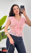 Fırfırlı Beli Lastikli Toptan Pembe Bluz Pembe