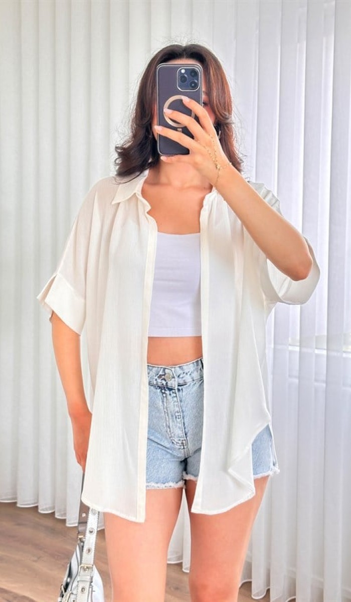 Kısa Kol Basic Kimono Toptan Ekru Bluz Ekru