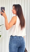 Yakası Boncuklu Balon Model Toptan Beyaz Bluz Beyaz
