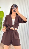 Müslin Önden Bağlamalı Kısa Model Toptan Kahve Kimono Kahverengi