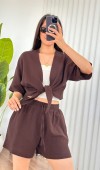 Müslin Önden Bağlamalı Kısa Model Toptan Kahve Kimono Kahverengi