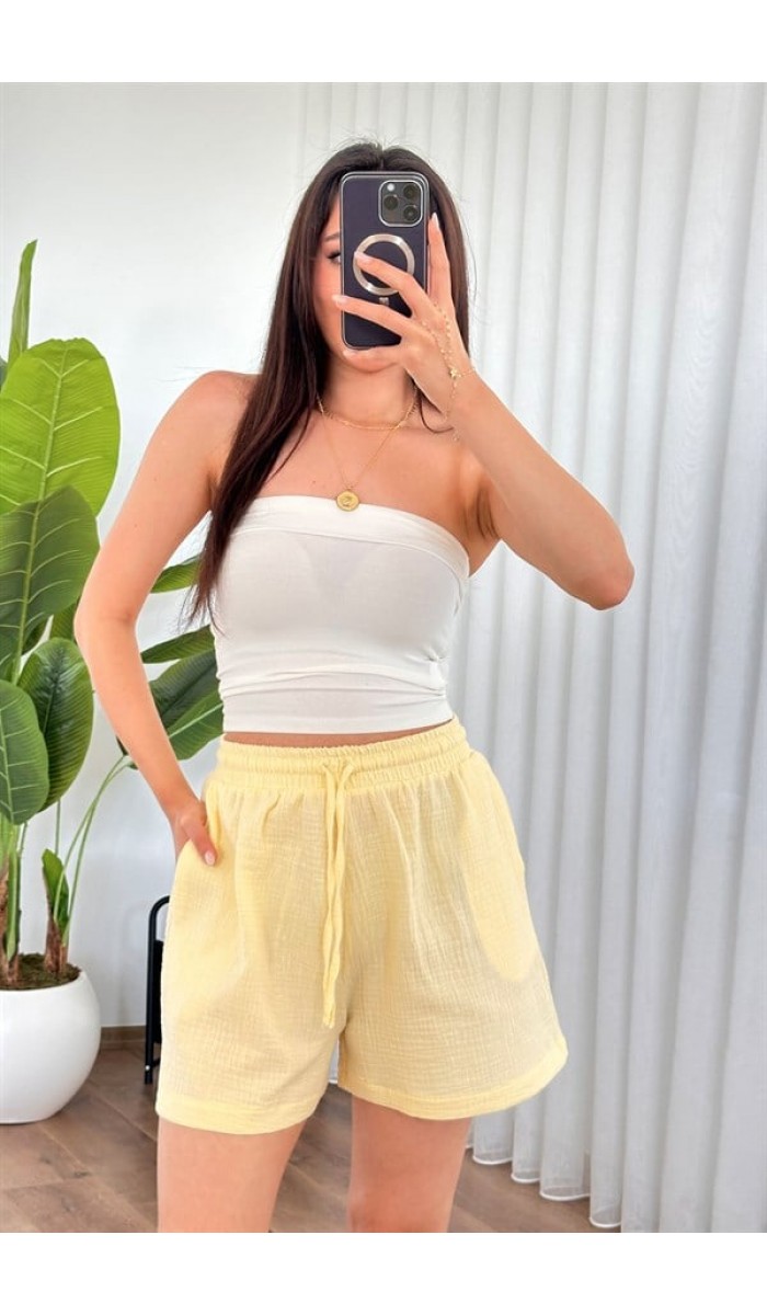 Müslin Cepli Kısa Model Toptan Sarı Şort Sarı Müslin Cepli Kısa Model Toptan Sarı Şort Sarı