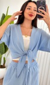 Müslin Önden Bağlamalı Kısa Model Toptan Bebe Mavisi Kimono Bebe Mavi
