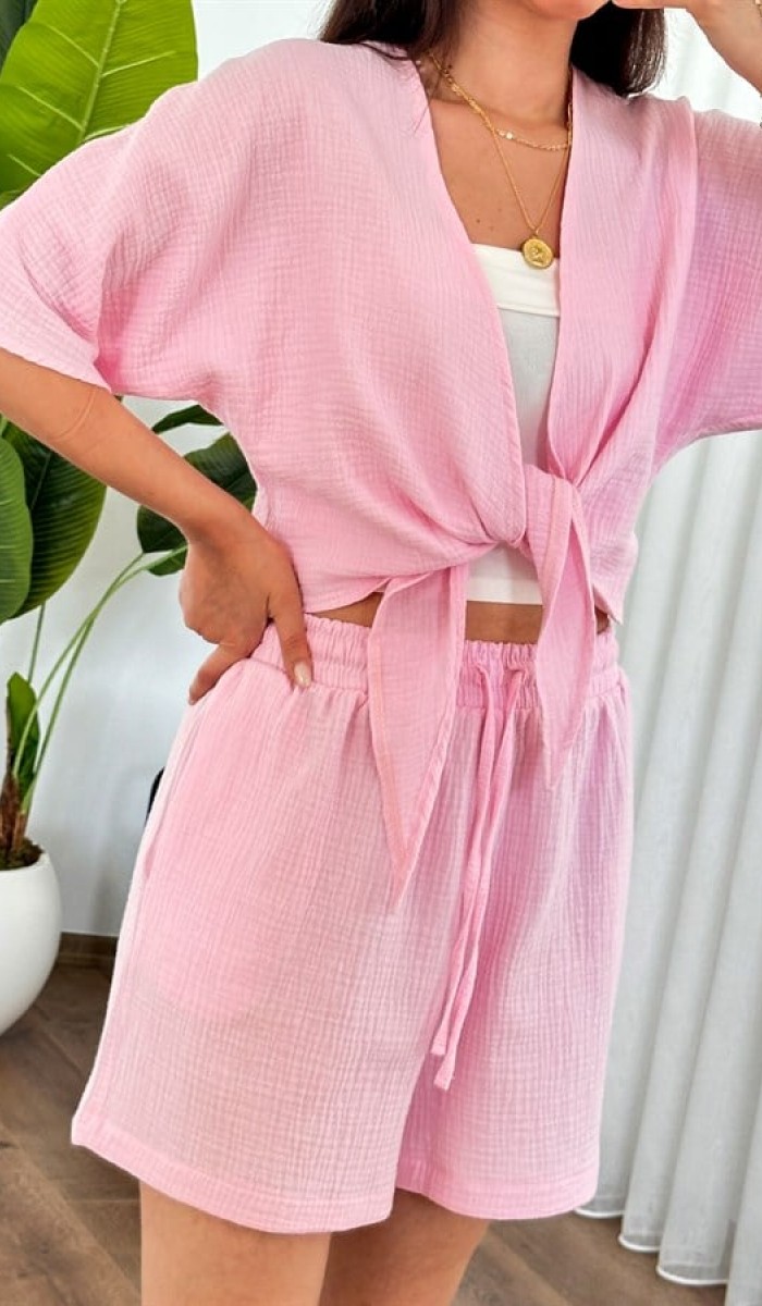Müslin Cepli Kısa Model Toptan Pembe Şort Pembe