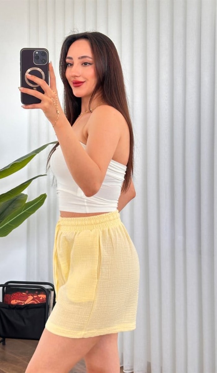 Müslin Cepli Kısa Model Toptan Sarı Şort Sarı