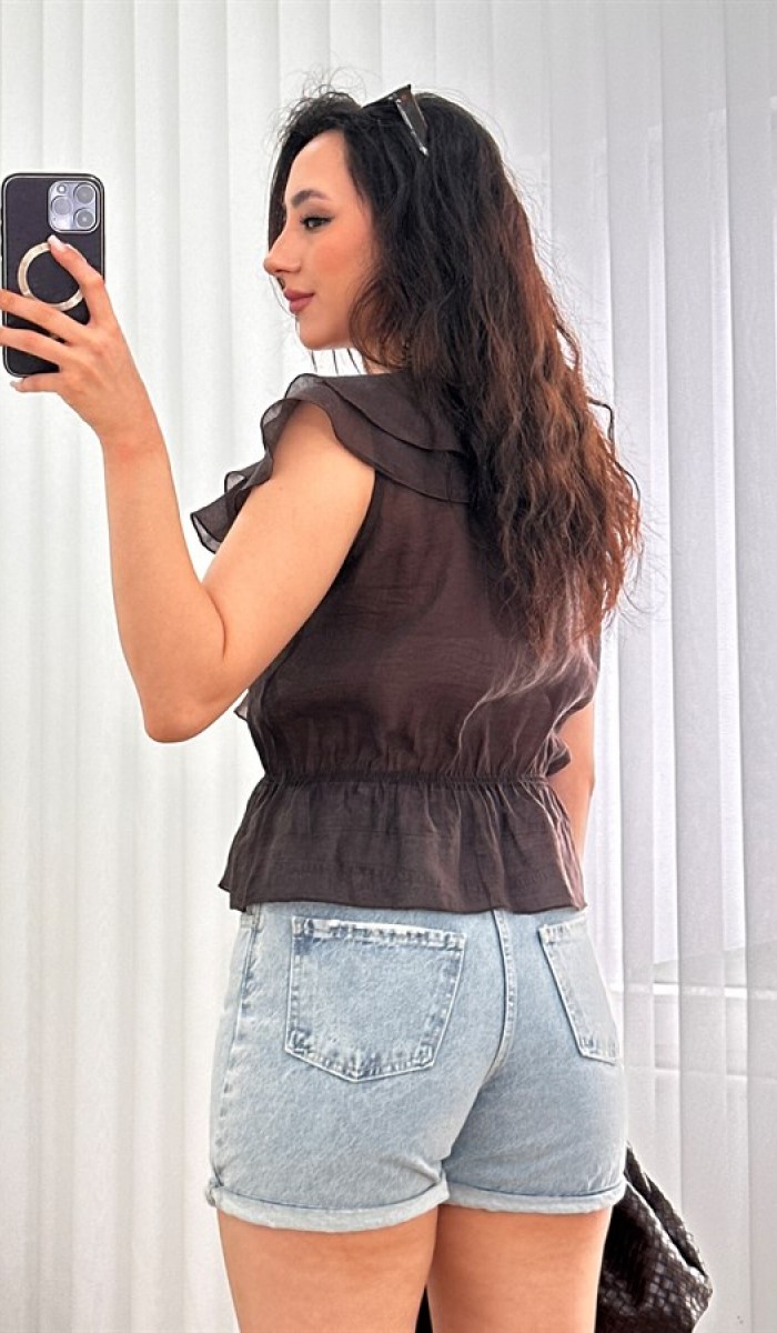 Fırfırlı Beli Lastikli Toptan Kahve Bluz Kahverengi