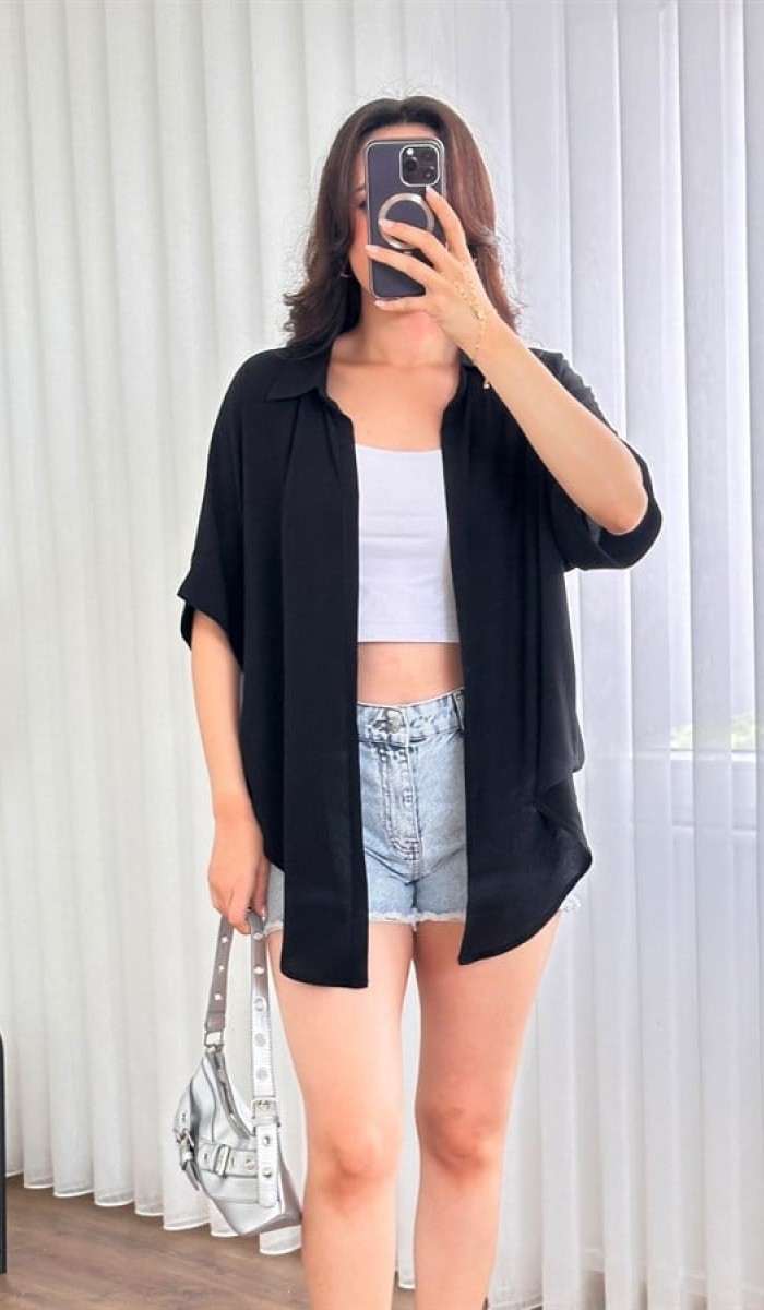 Kısa Kol Basic Kimono Toptan Siyah Bluz Siyah