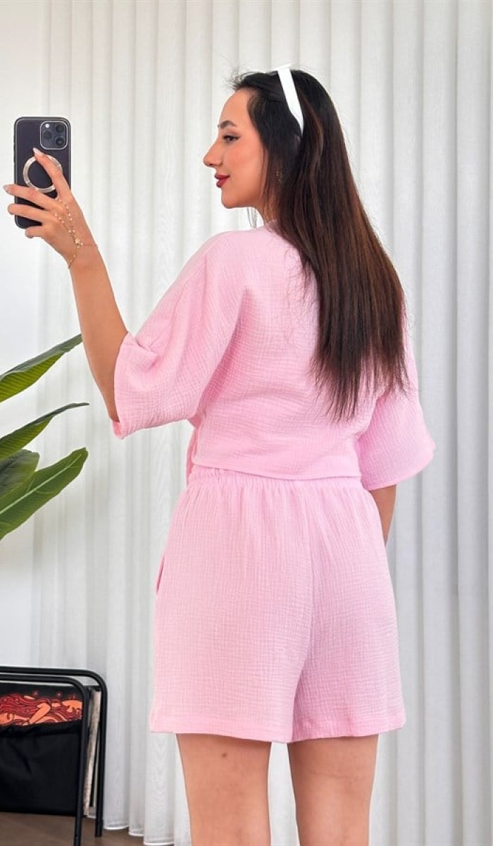 Müslin Önden Bağlamalı Kısa Model Toptan Pembe Kimono Pembe