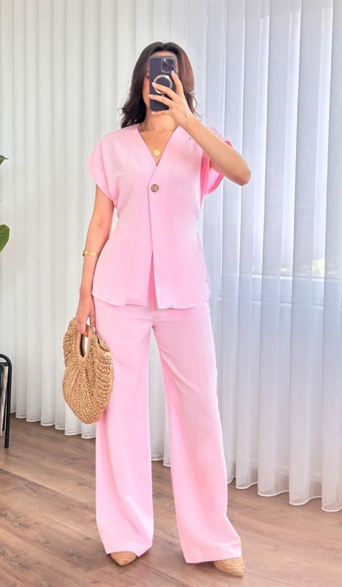 Tek Düğme Beli Bağlamalı Keten Toptan Pembe İkili Takım Pembe