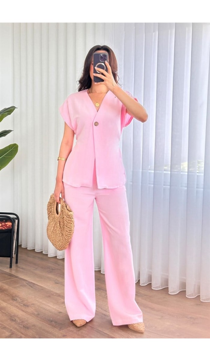 Tek Düğme Beli Bağlamalı Keten Toptan Pembe İkili Takım Pembe Tek Düğme Beli Bağlamalı Keten Toptan Pembe İkili Takım Pembe
