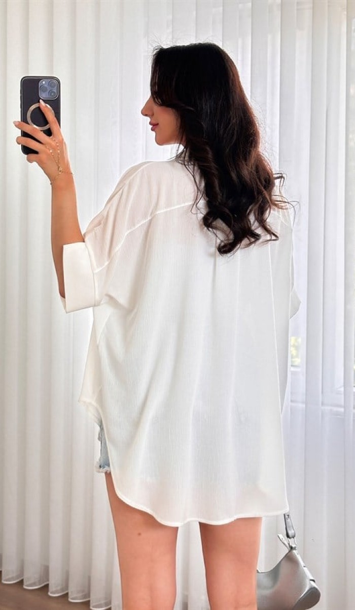 Kısa Kol Basic Kimono Toptan Ekru Bluz Ekru