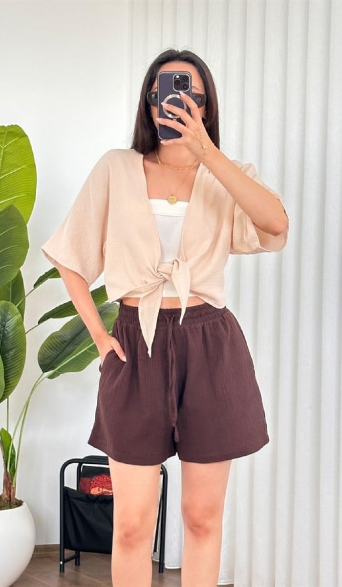 Müslin Önden Bağlamalı Kısa Model Toptan Bej Kimono Bebe Mavi