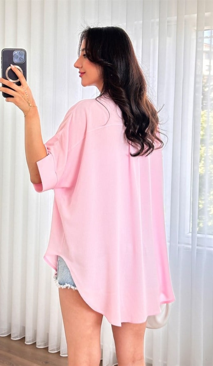 Kısa Kol Basic Kimono Toptan Pembe Bluz Pembe