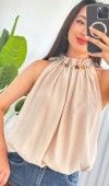 Yakası Boncuklu Balon Model Toptan Bej Bluz Bej
