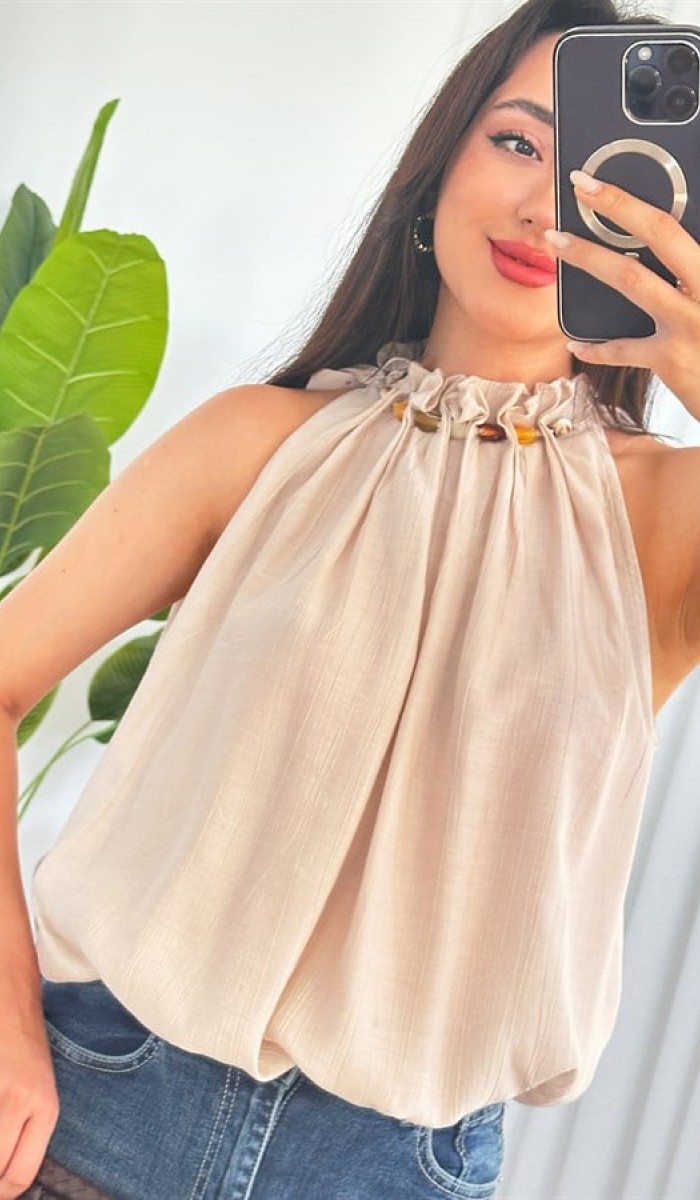 Yakası Boncuklu Balon Model Toptan Bej Bluz Bej