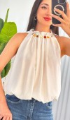 Yakası Boncuklu Balon Model Toptan Beyaz Bluz Beyaz