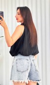 Yakası Boncuklu Balon Model Toptan Siyah Bluz Sarı