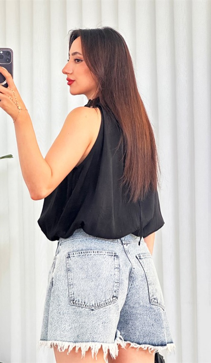 Yakası Boncuklu Balon Model Toptan Siyah Bluz Sarı