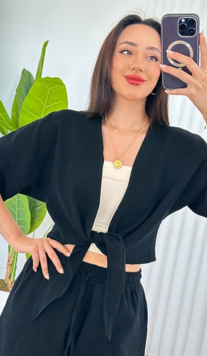 Müslin Önden Bağlamalı Kısa Model Toptan Siyah Kimono Siyah Müslin Önden Bağlamalı Kısa Model Toptan Siyah Kimono Siyah