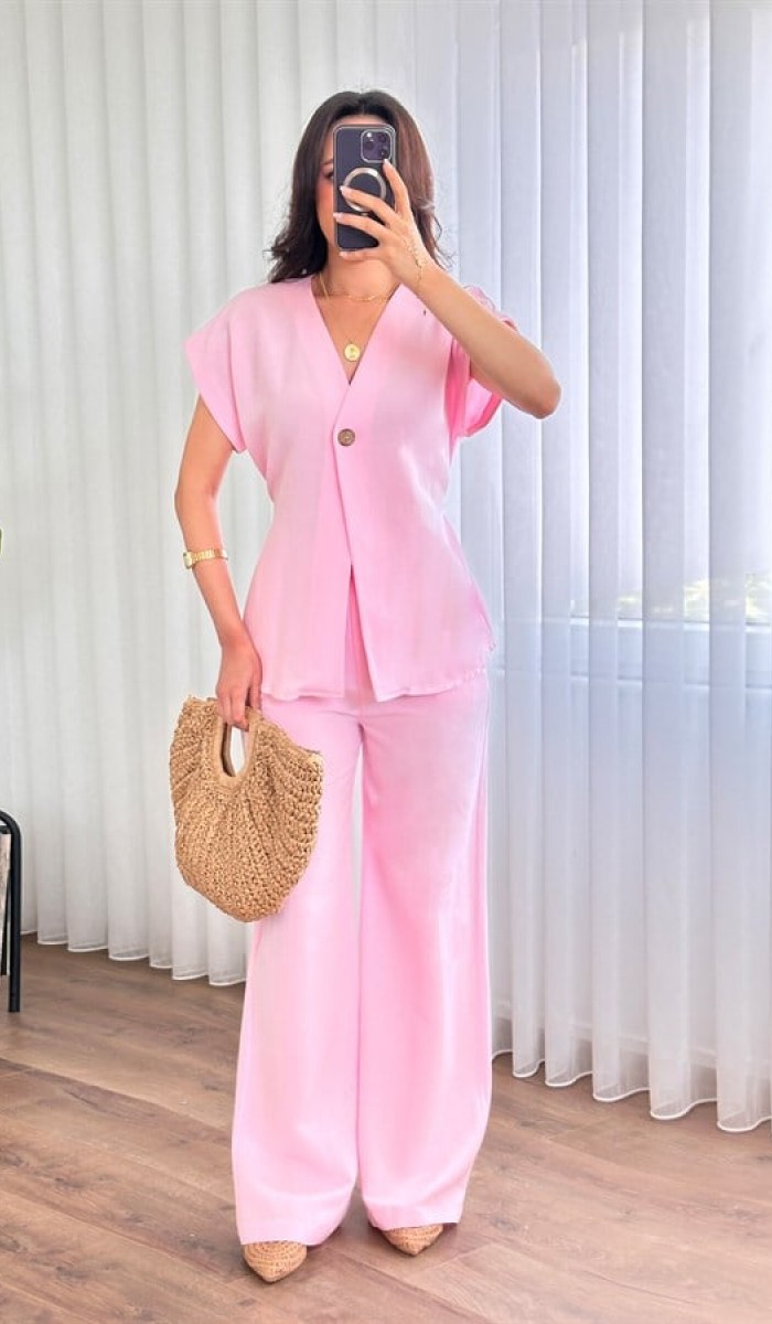 Tek Düğme Beli Bağlamalı Keten Toptan Pembe İkili Takım Pembe