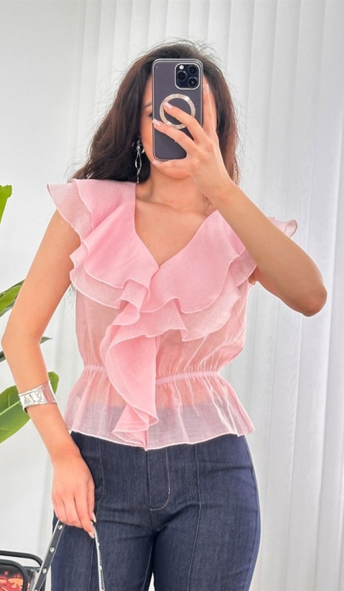 Fırfırlı Beli Lastikli Toptan Pembe Bluz Pembe