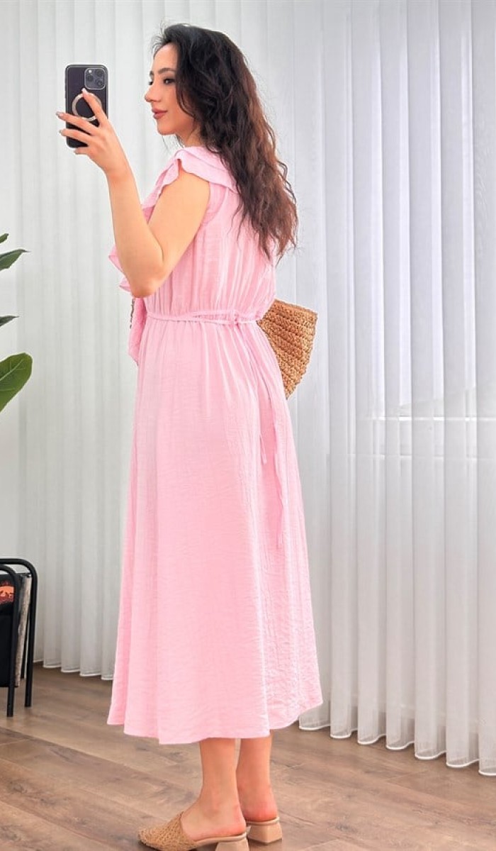Yaka Fırfırlı Toptan Pembe Uzun Elbise Pembe Yaka Fırfırlı Toptan Pembe Uzun Elbise Pembe