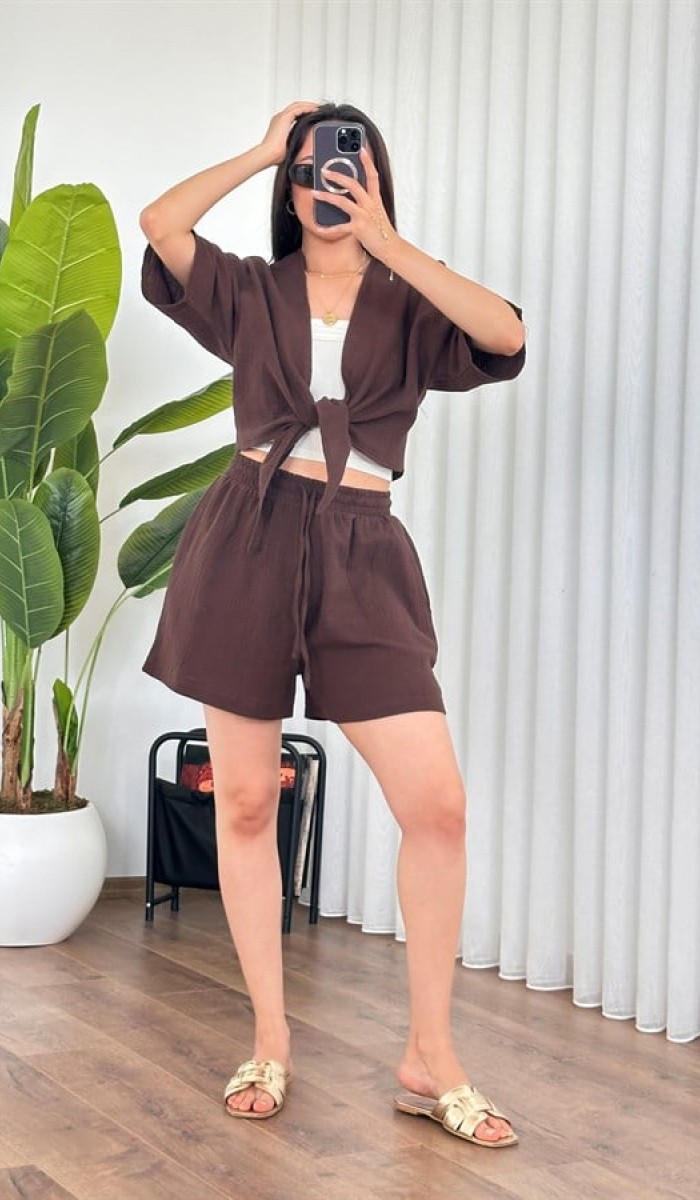Müslin Önden Bağlamalı Kısa Model Toptan Kahve Kimono Kahverengi