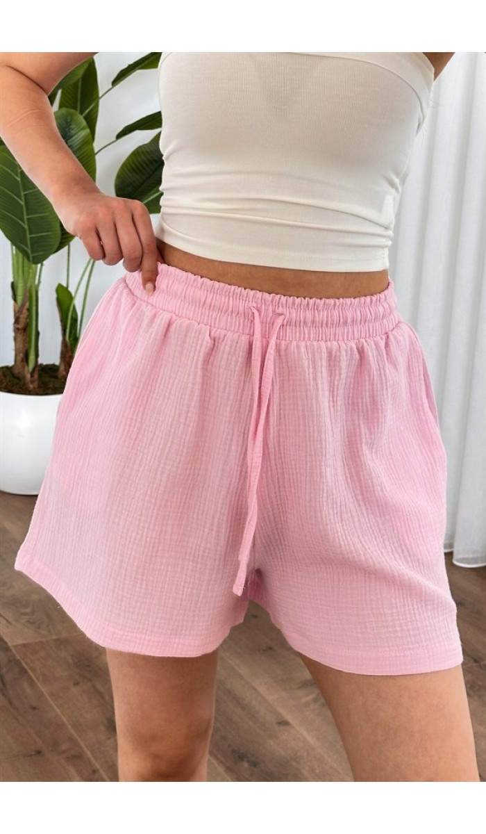 Müslin Cepli Kısa Model Toptan Pembe Şort Pembe Müslin Cepli Kısa Model Toptan Pembe Şort Pembe